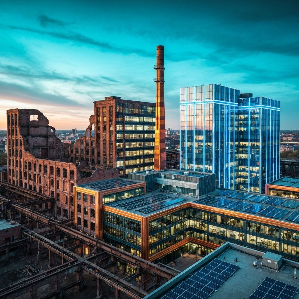 Detroit Packard Plant AI transformation - xAI Brownfield Initiative flagship campus rendering showing industrial ruins becoming AI-powered renaissance center